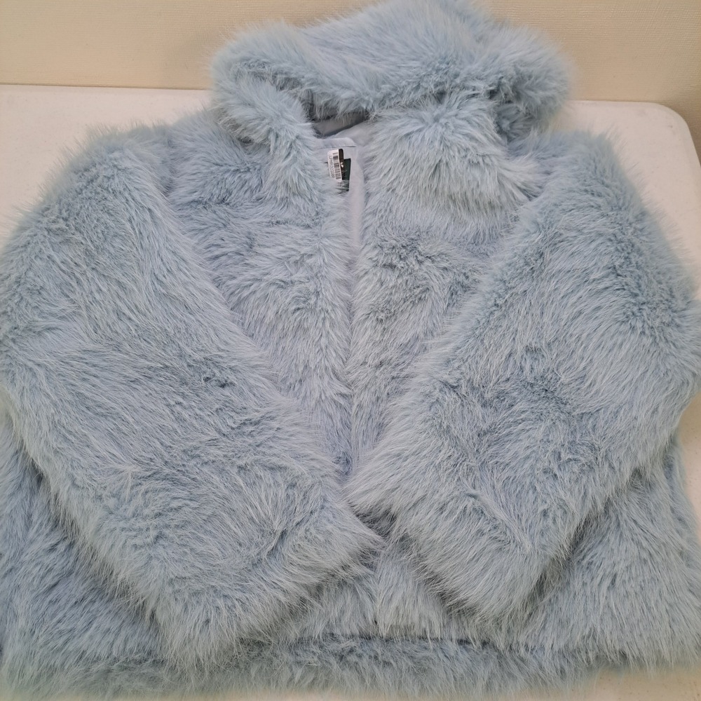 Wild Fable Womens Jacket Faux Fur L Dewdrop Aqua Blue NWT Hooded Shaggy 1966-440